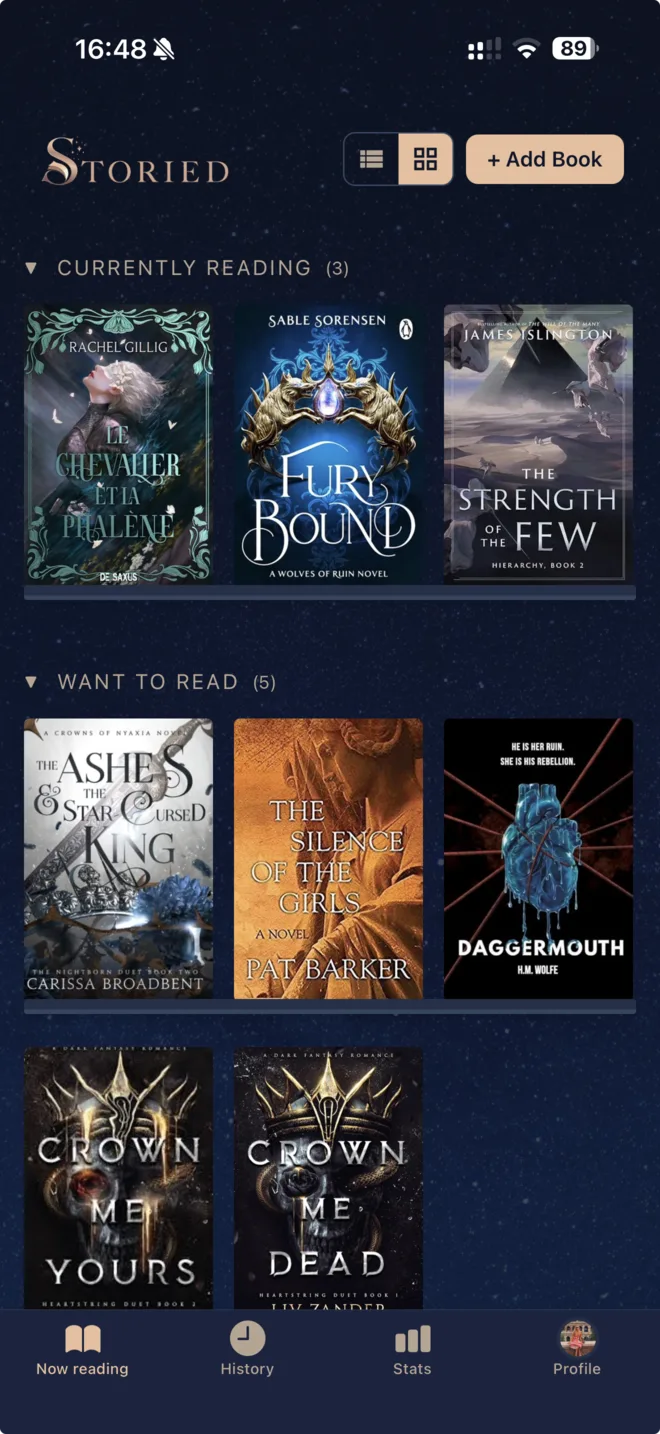 The Storied app's Now Reading screen, showing Currently Reading and Want to Read shelves